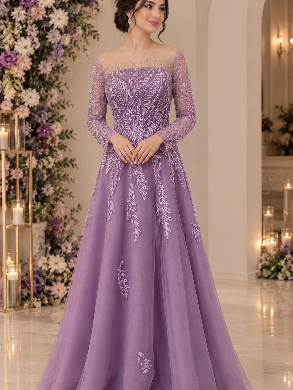 Lavender Embroidered Long-Sleeve Tulle Gown